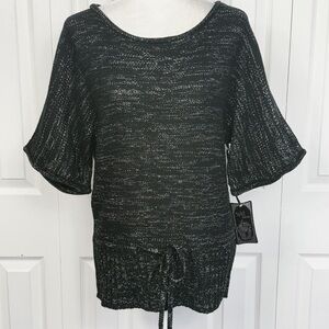 NWT Yoki Collection New York Black Metallic Tie Front Sweater XL